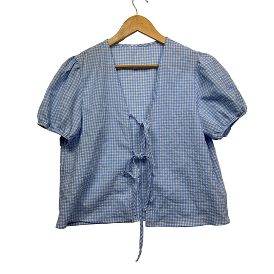 Shein Blue Gingham Check Short Sleeve V-Neck Casual Top Tie Front Blouse Size XL