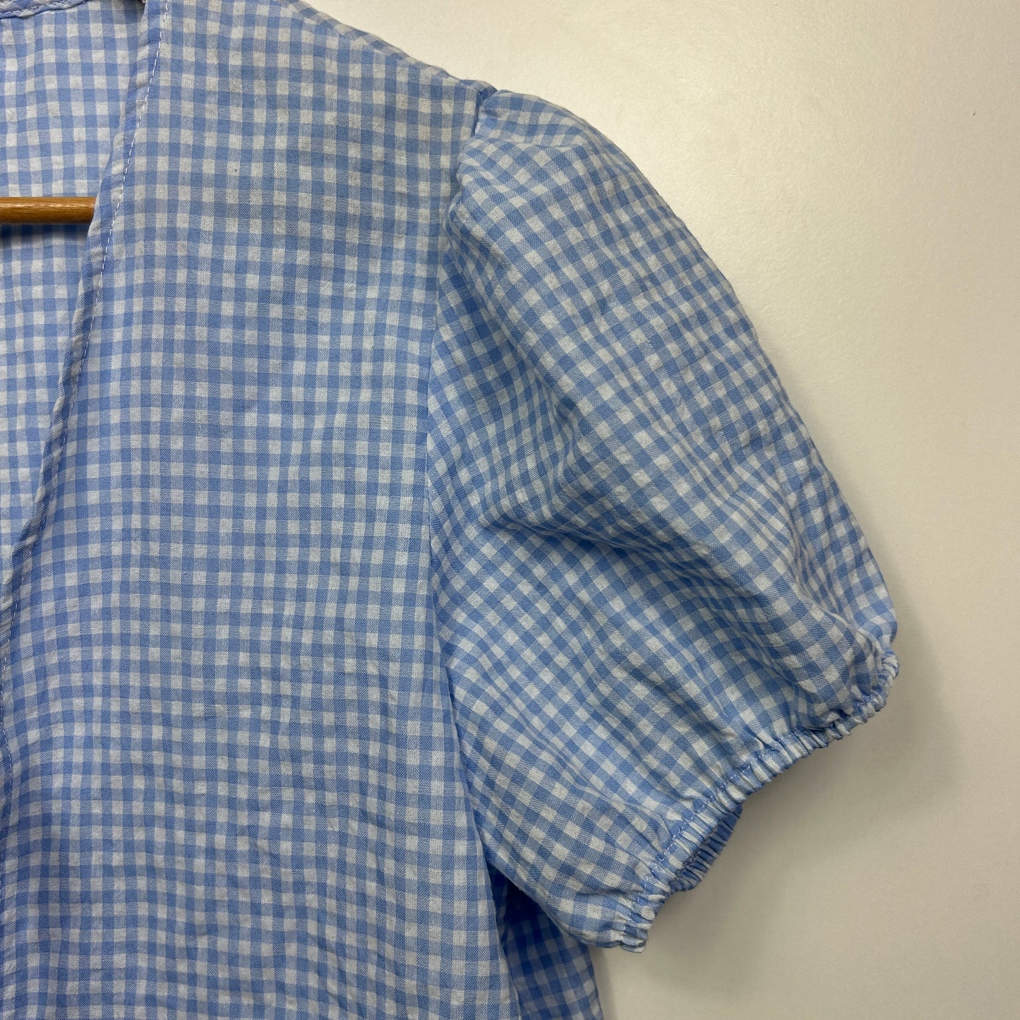 Shein Blue Gingham Check Short Sleeve V-Neck Casual Top Tie Front Blouse Size XL