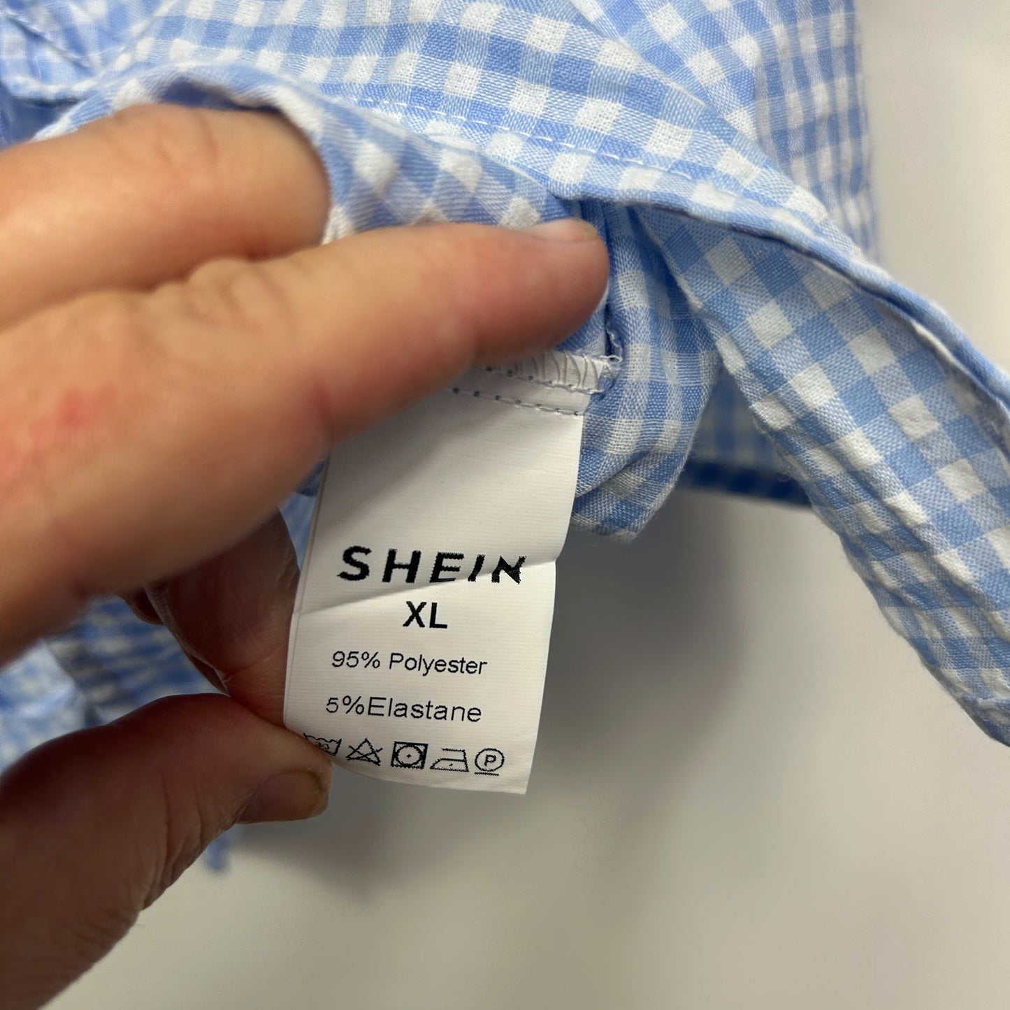 Shein Blue Gingham Check Short Sleeve V-Neck Casual Top Tie Front Blouse Size XL