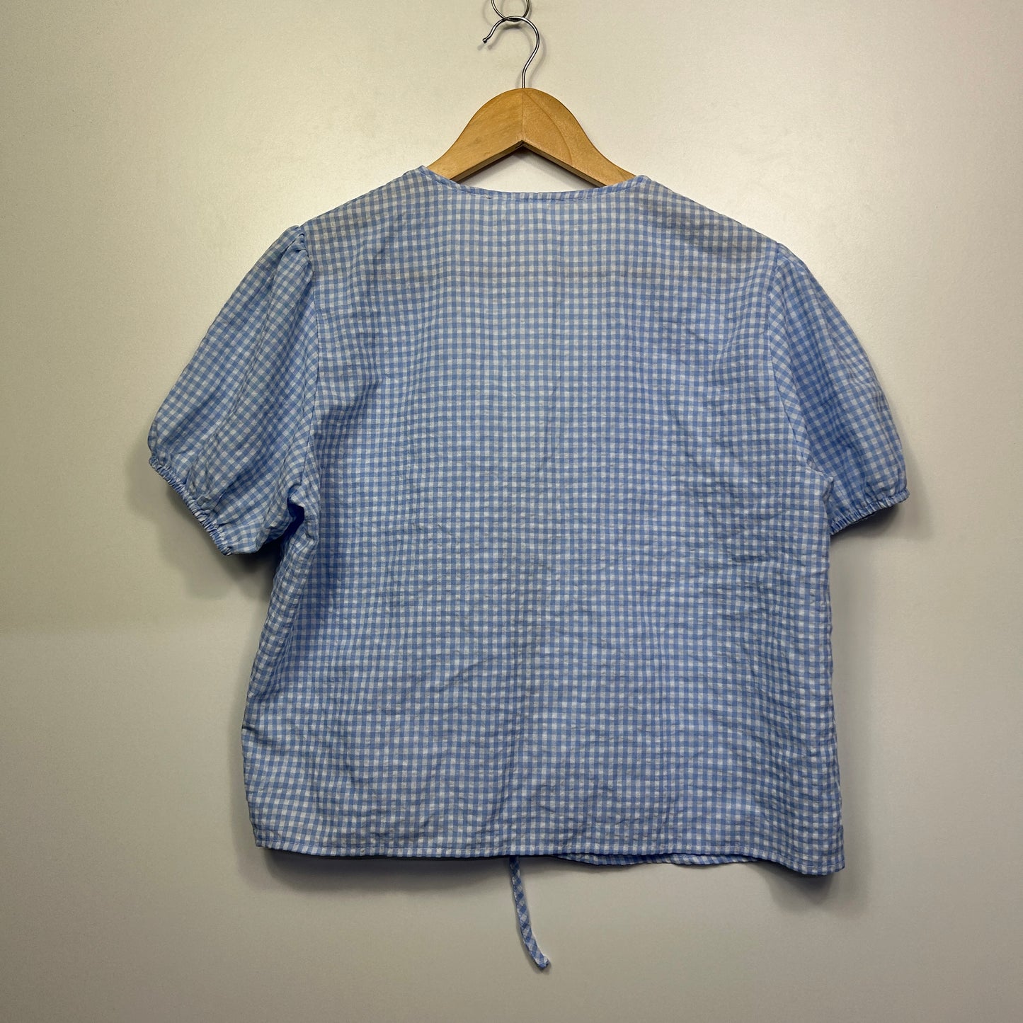 Shein Blue Gingham Check Short Sleeve V-Neck Casual Top Tie Front Blouse Size XL