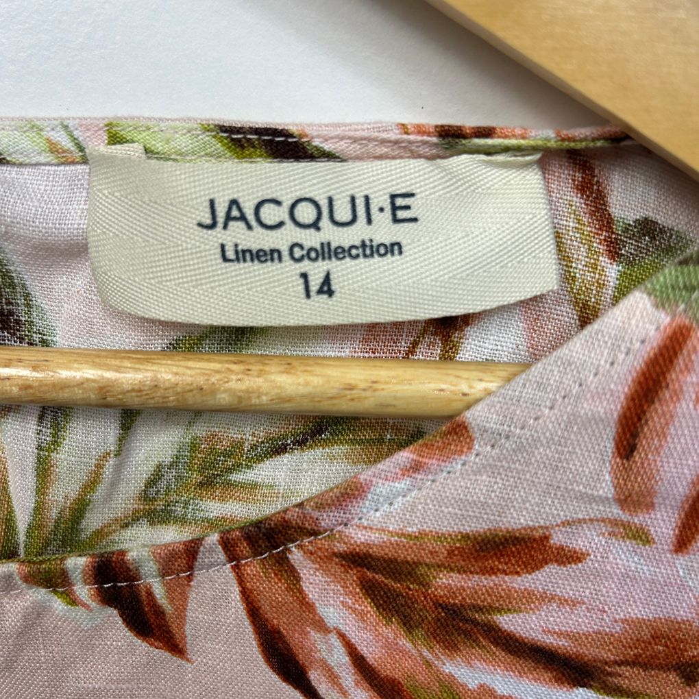 Jacqui E Pink Leaf Print Linen Top - Size 14