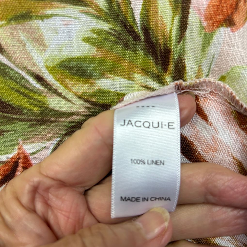 Jacqui E Pink Leaf Print Linen Top - Size 14