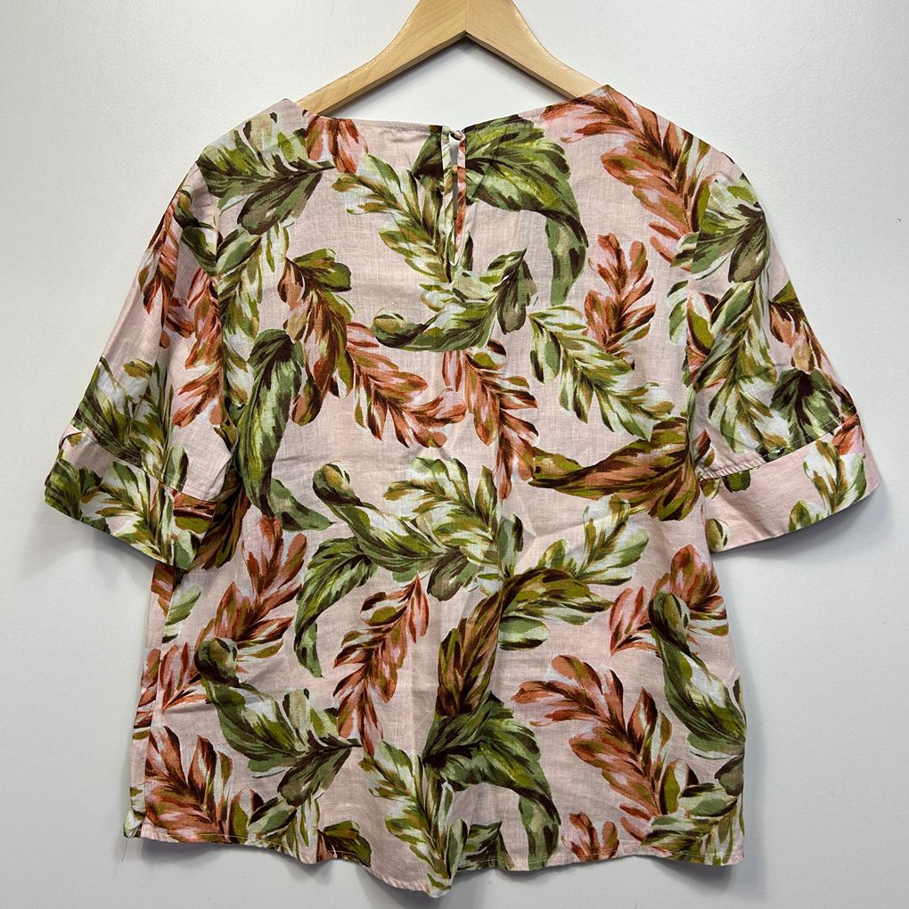 Jacqui E Pink Leaf Print Linen Top - Size 14