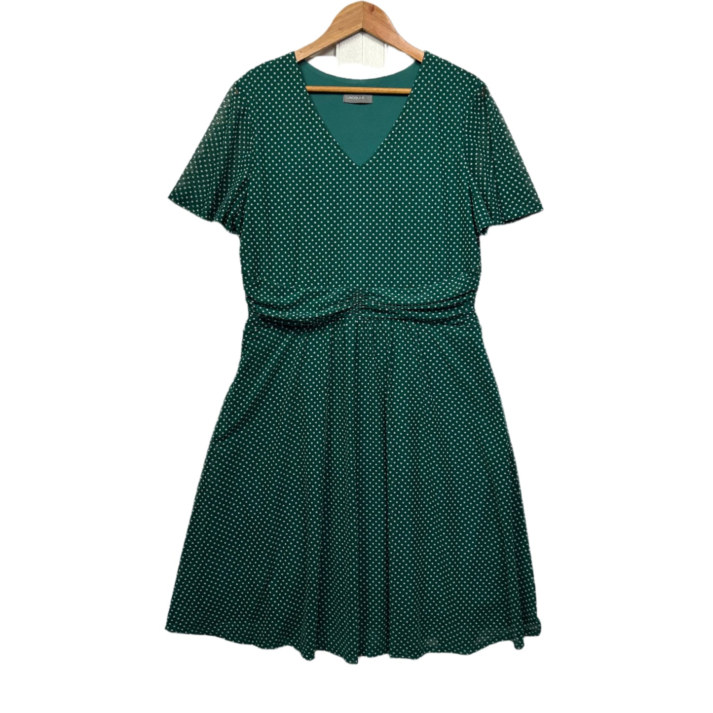 Jacqui E Dress Size Large Green White Short Sleeve Polka Dots