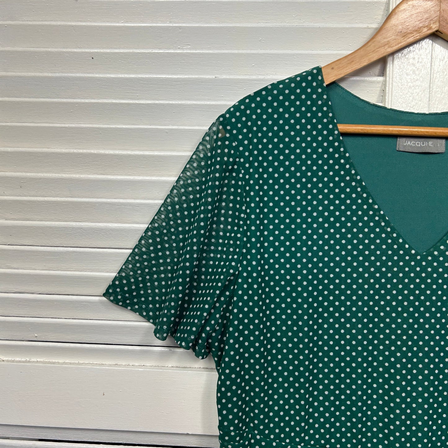 Jacqui E Dress Size Large Green White Short Sleeve Polka Dots