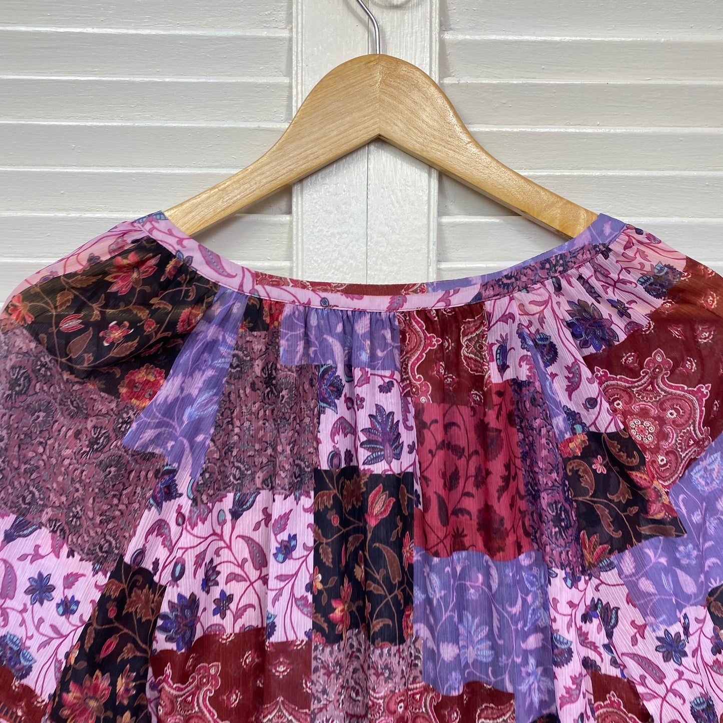 Just Jeans Top Size 14 Pink Purple Billow Sleeve Patchwork Print