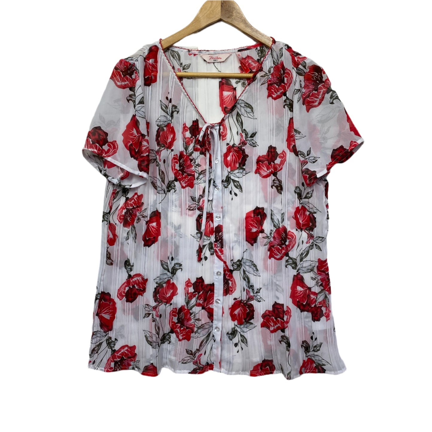 Millers Top Size 16 White Red Floral Short Sleeve Sheer