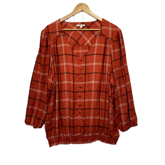 Loralette Top Size 2XL 18 20 Rust Check Long Sleeve Elastic Waist