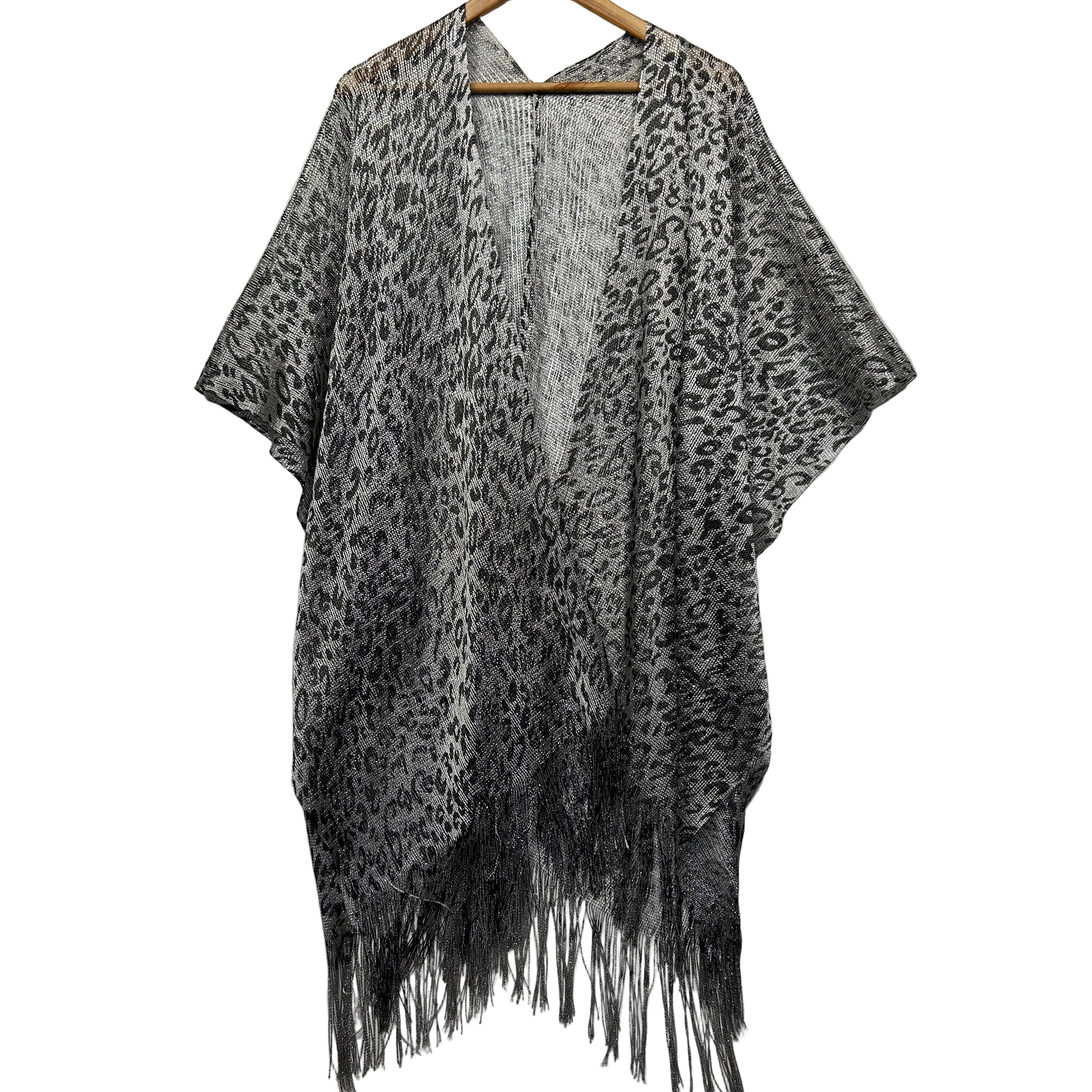 Metallic Leopard Print Kimono with Fringe -  One Size