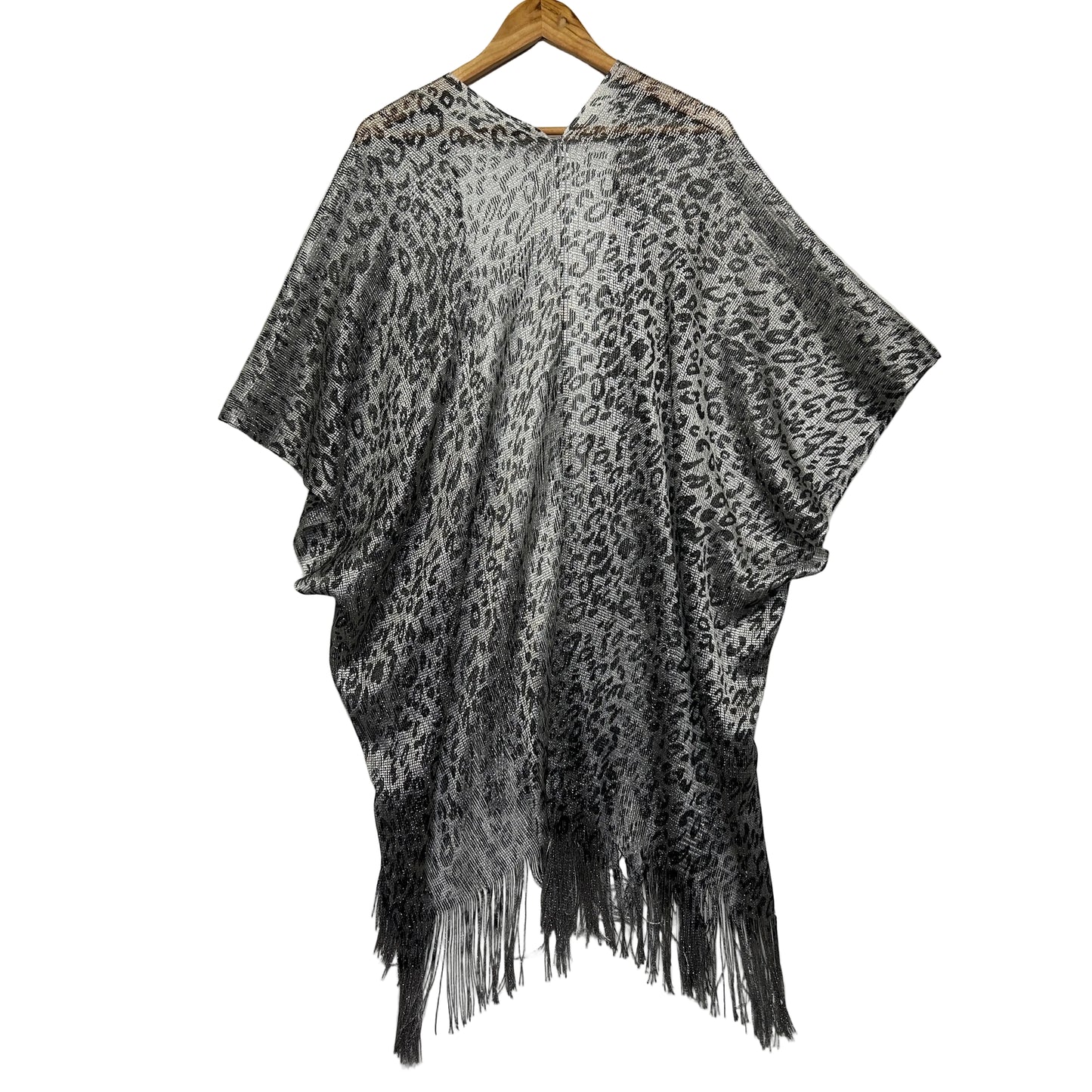 Metallic Leopard Print Kimono with Fringe -  One Size