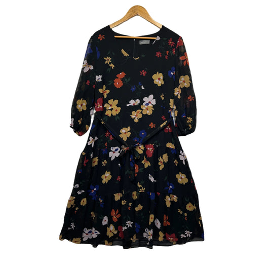Jacqui E Dress Size 16 Black Floral Long Sleeve Belted Lined
