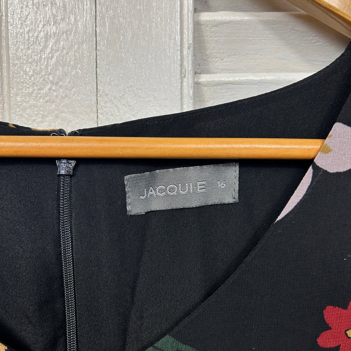 Jacqui E Dress Size 16 Black Floral Long Sleeve Belted Lined