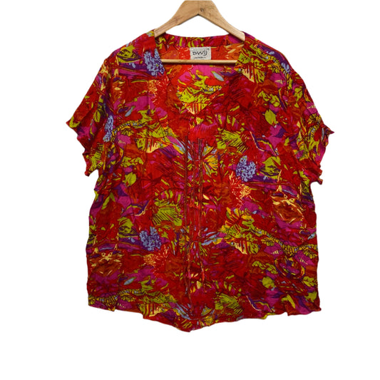 Dwij Top Size 16 Red Floral Short Sleeve Rayon