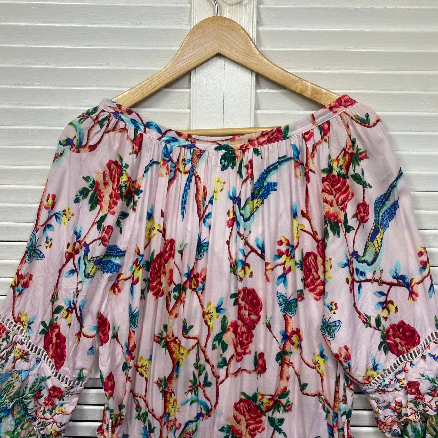 Lulu Soul Dress Size Large 14 Pink Floral Peacocks Pockets Bell Sleeve