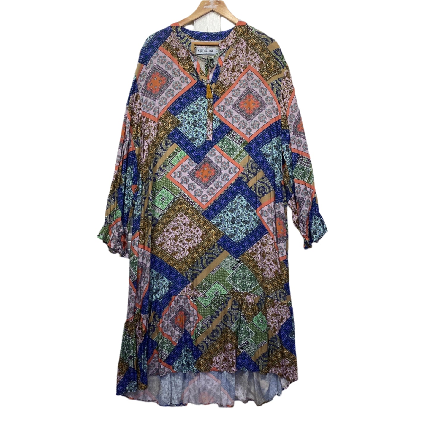 Carolina Dress Size XL 16 18 Long Sleeve Multicoloured Patchwork Print Viscose