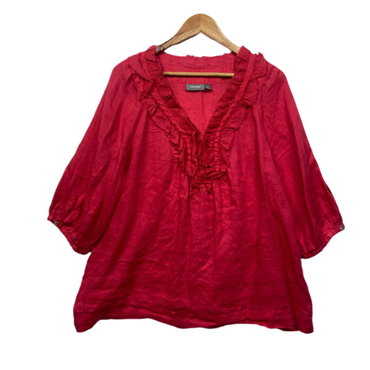 Sussan Linen Top Size 14 Red Long Sleeve Ruffle Trim