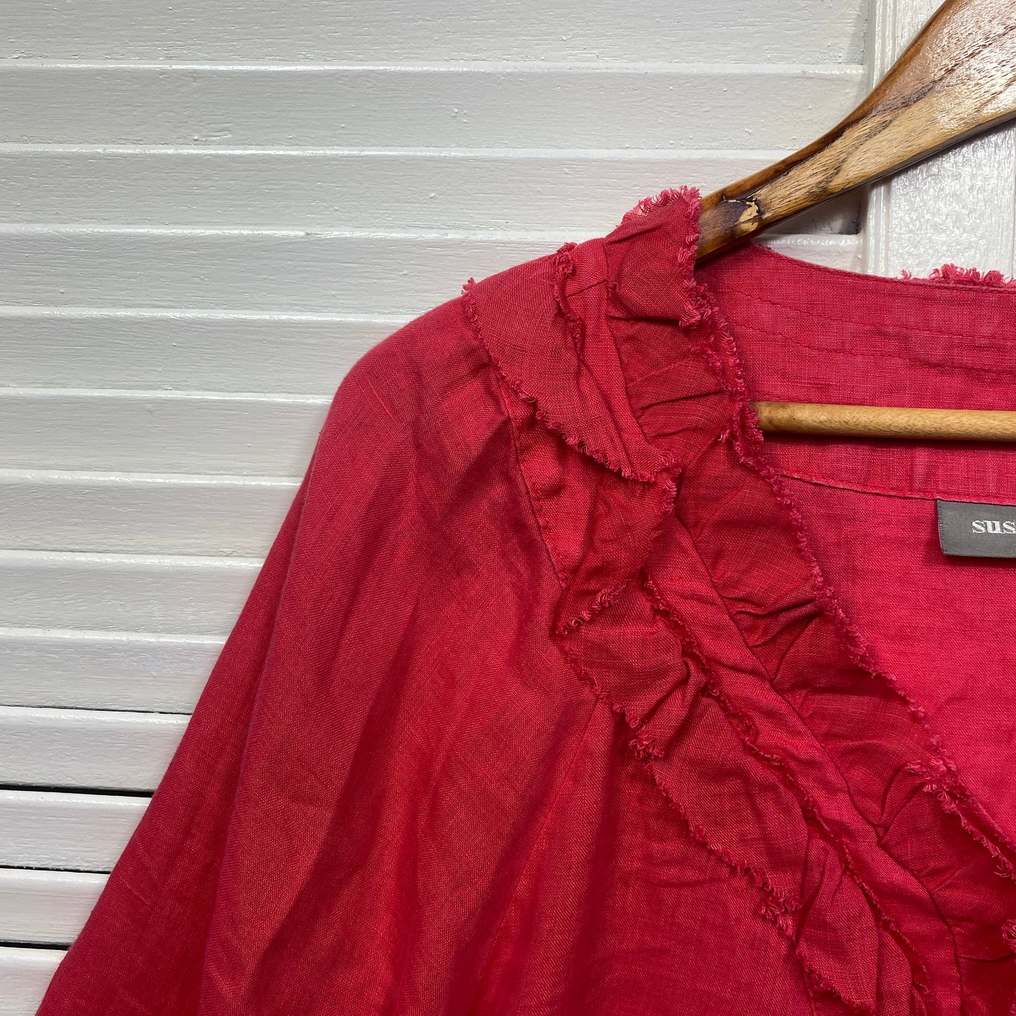 Sussan Linen Top Size 14 Red Long Sleeve Ruffle Trim