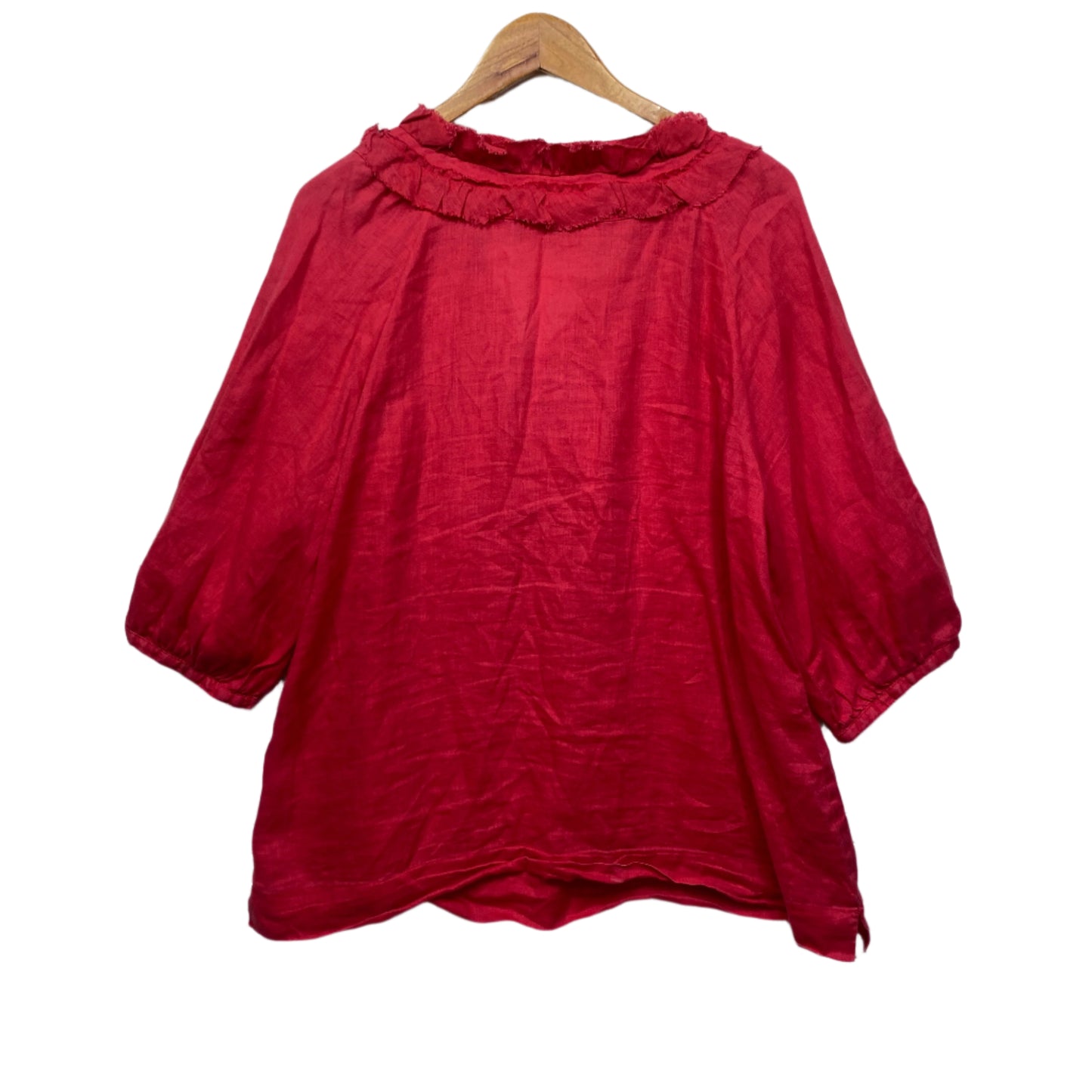 Sussan Linen Top Size 14 Red Long Sleeve Ruffle Trim