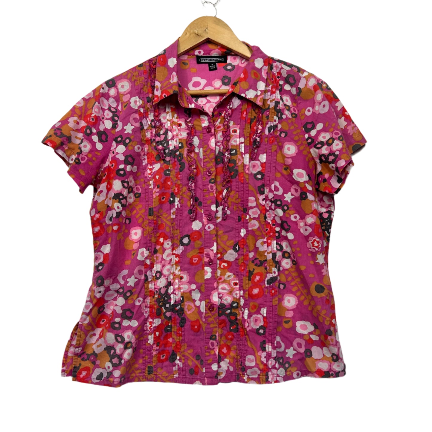 The Clothing Company Top Size 14 Pink Floral Short Sleeve Button Up Cotton