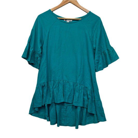 Rockmans Linen Top Size 14 Teal Ruffle Hi Low Hem