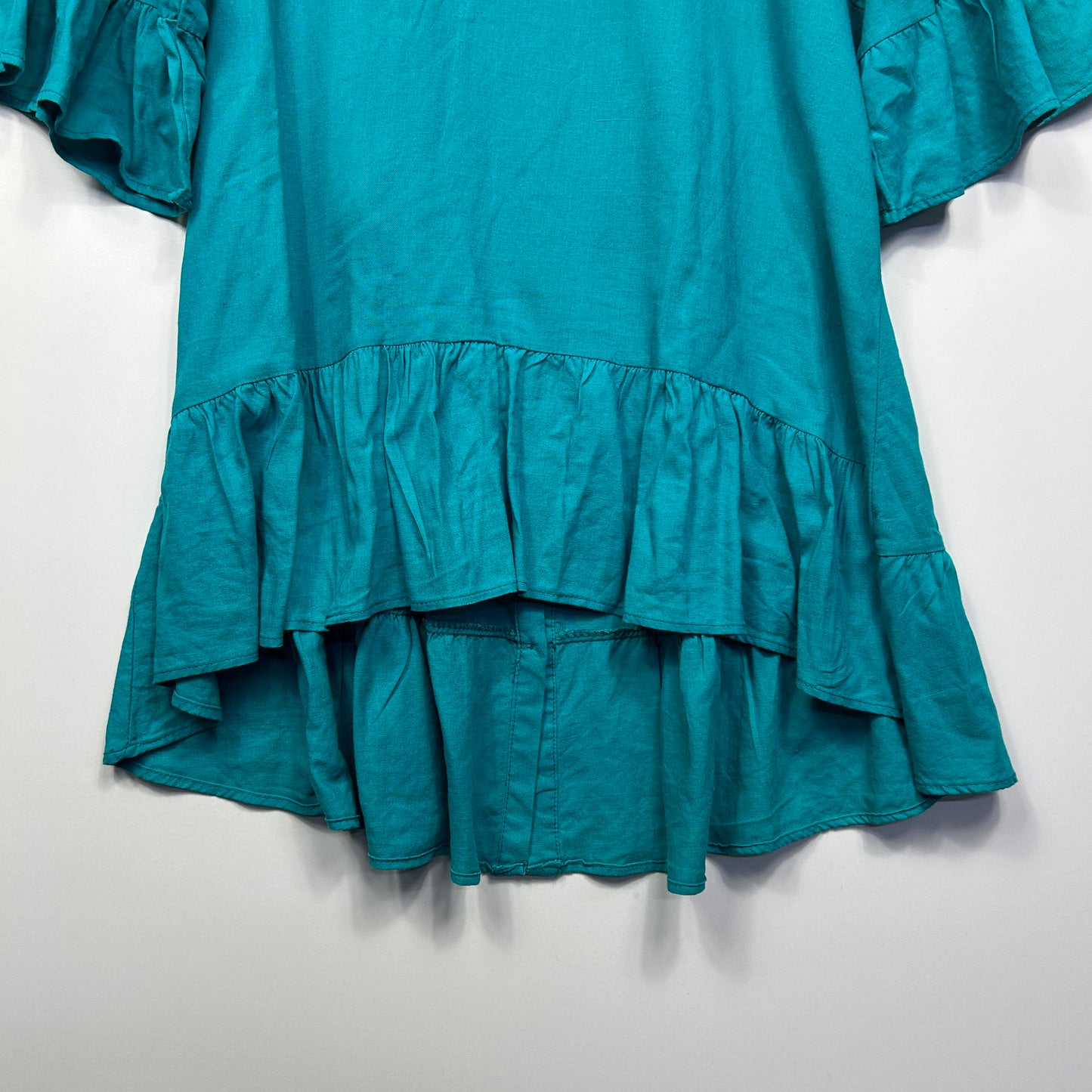 Rockmans Linen Top Size 14 Teal Ruffle Hi Low Hem