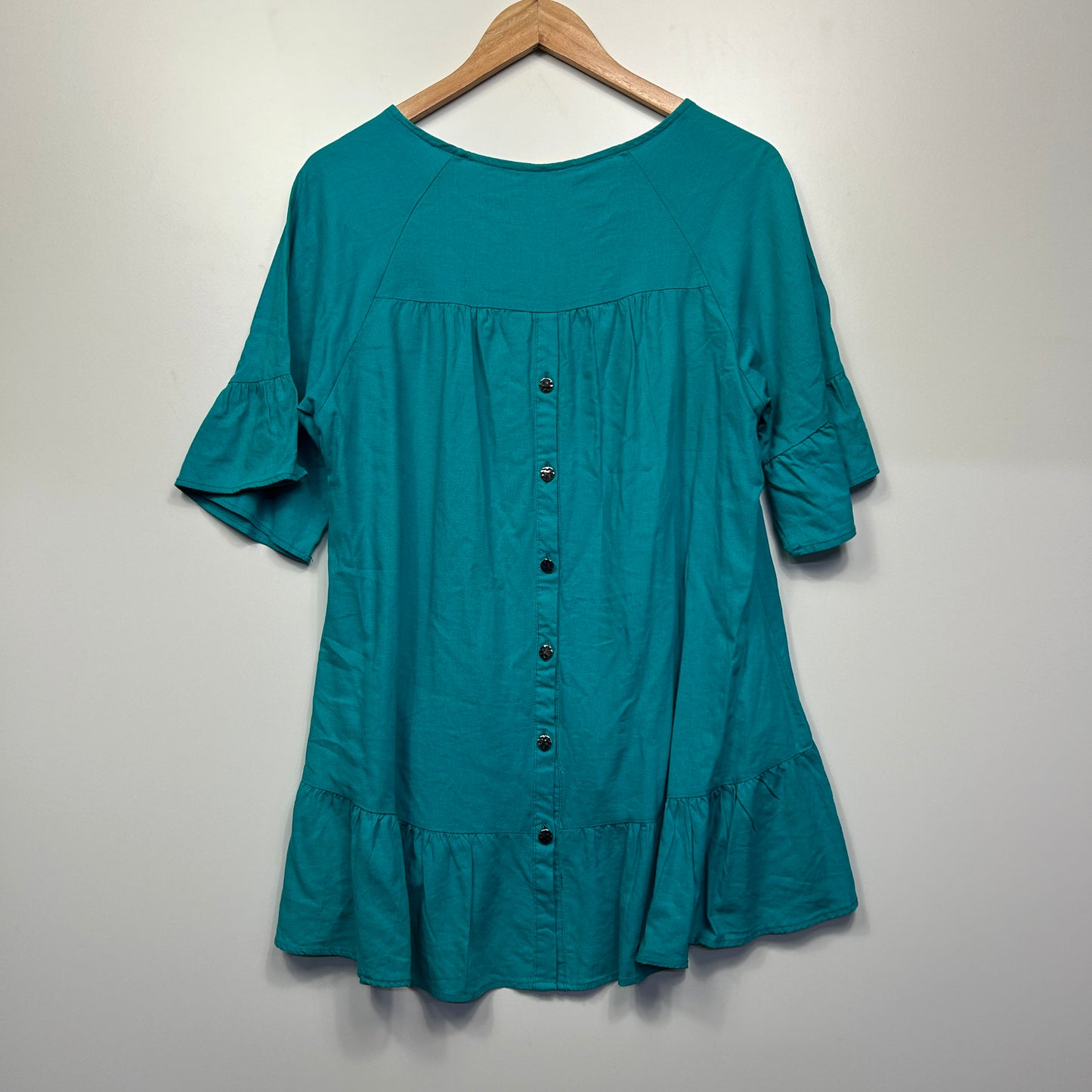 Rockmans Linen Top Size 14 Teal Ruffle Hi Low Hem