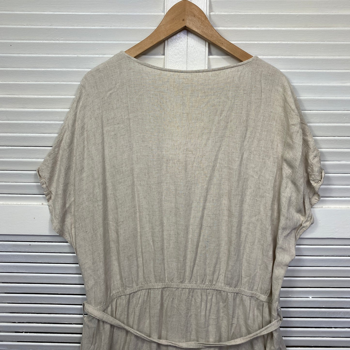 LInen Blend Dress Size 20? 22? Biege Short Sleeve Button Up Belt