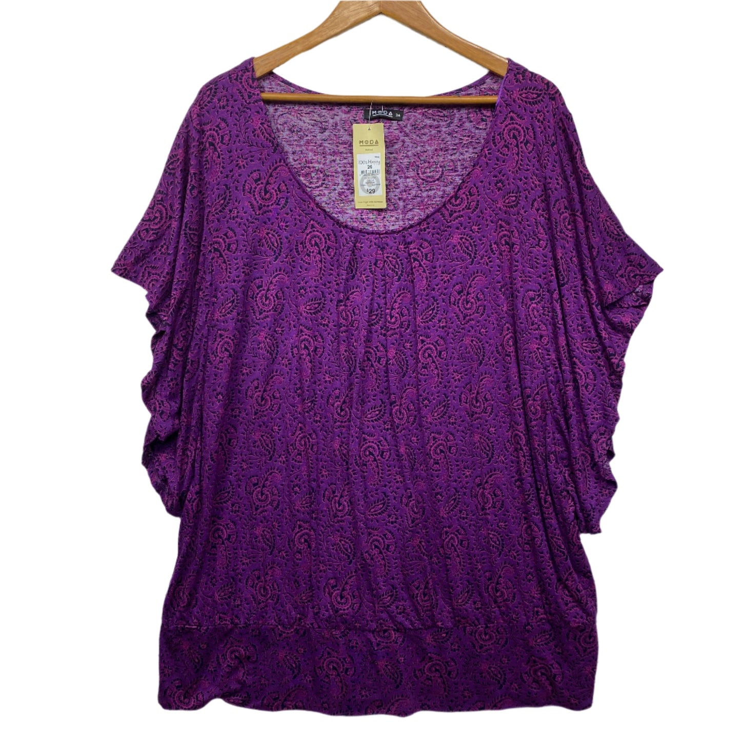 Moda Top Size 26 Plus Short Sleeve Purple Paisley New