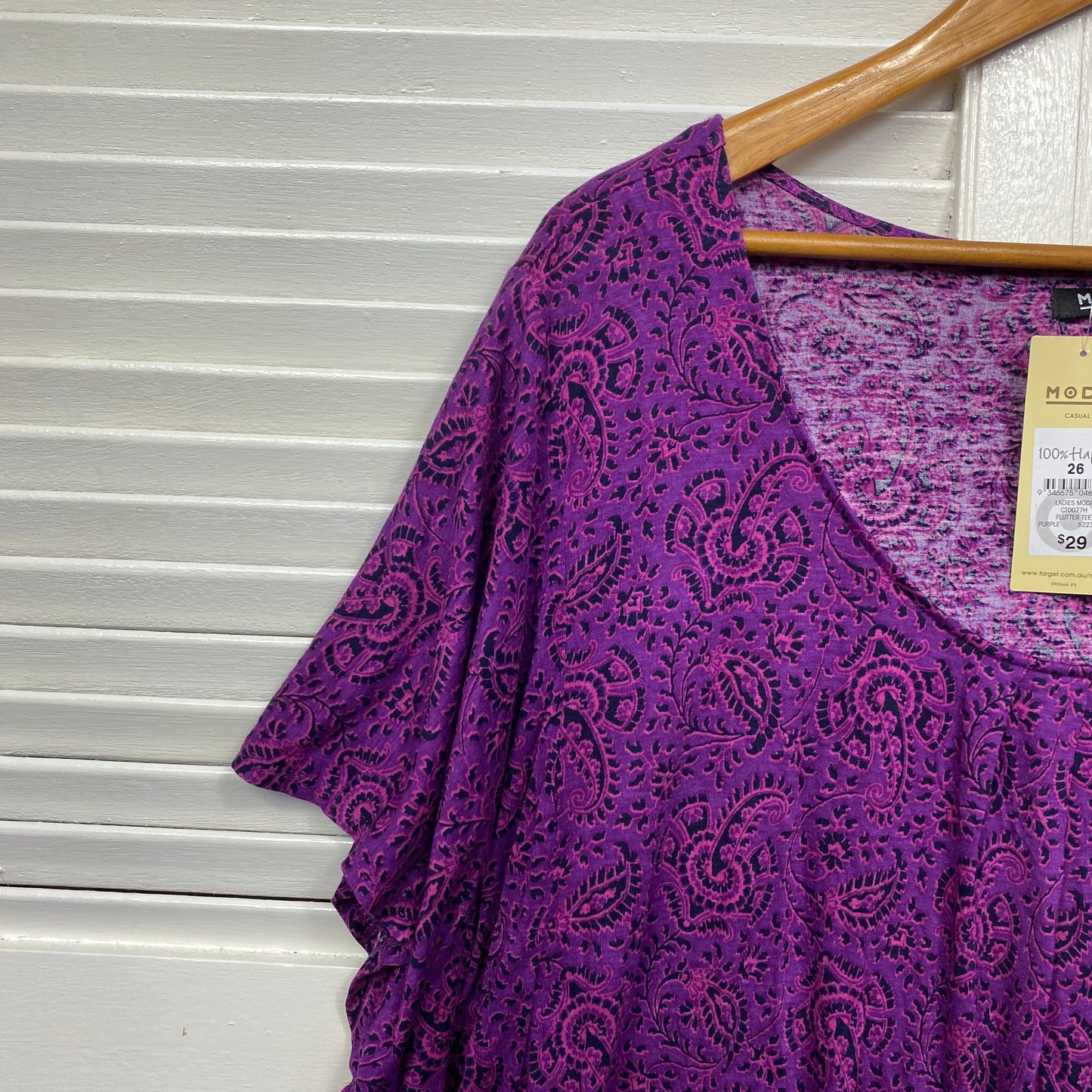 Moda Top Size 26 Plus Short Sleeve Purple Paisley New