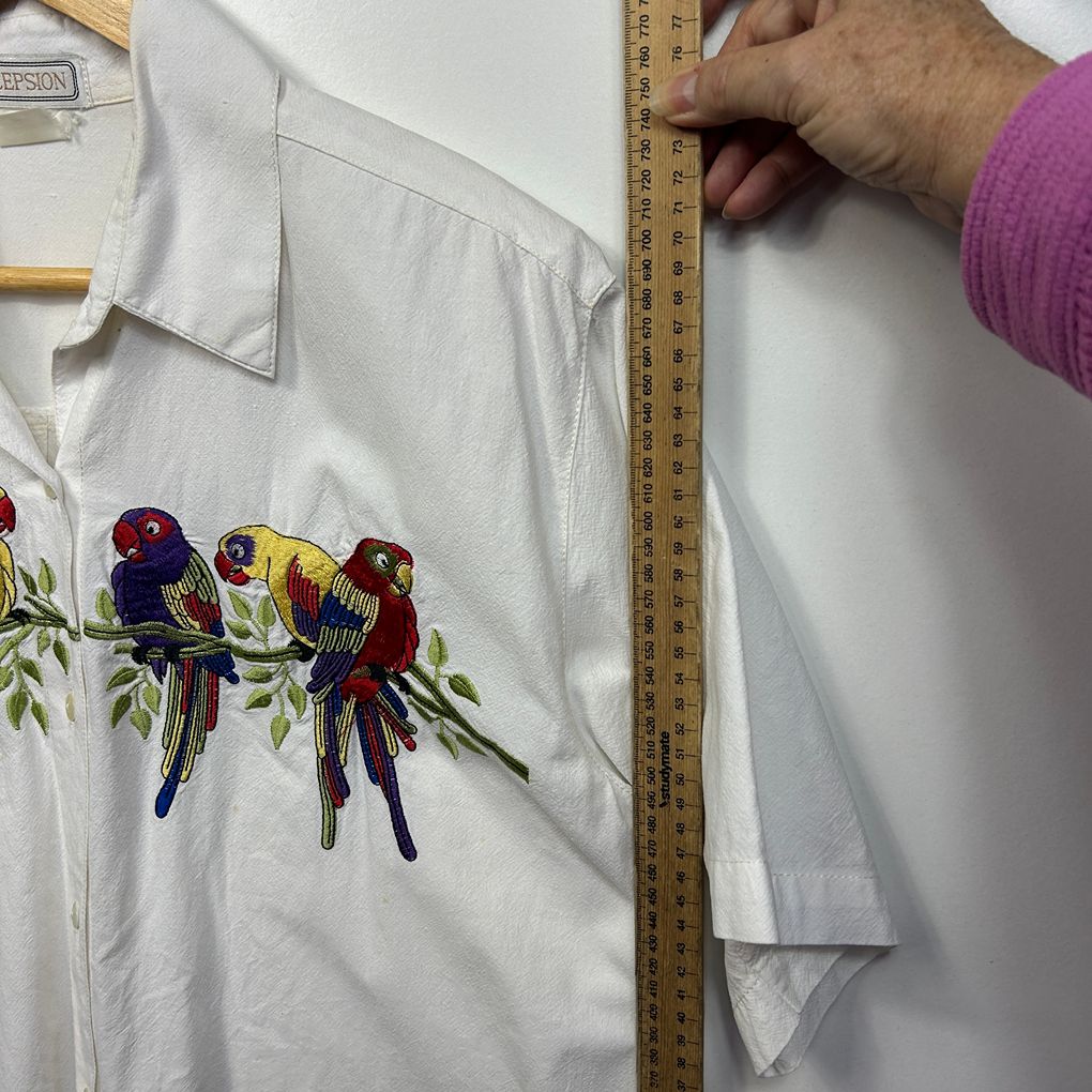 Vintage White Embroidered Parrot Bird Shirt - Size 16?