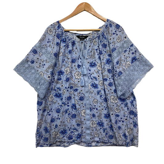 beme Top Size 20 Blue Short Sleeve Floral Viscose Linen Blend