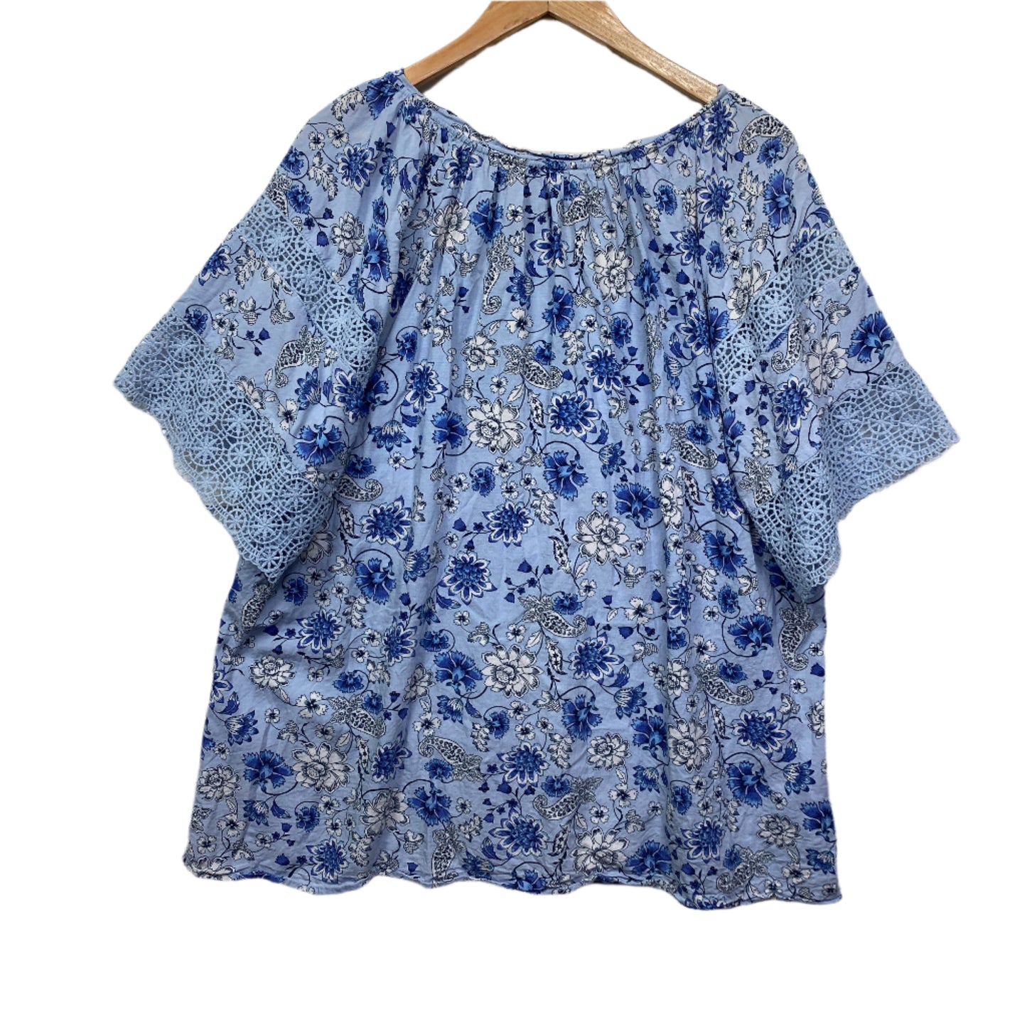 beme Top Size 20 Blue Short Sleeve Floral Viscose Linen Blend