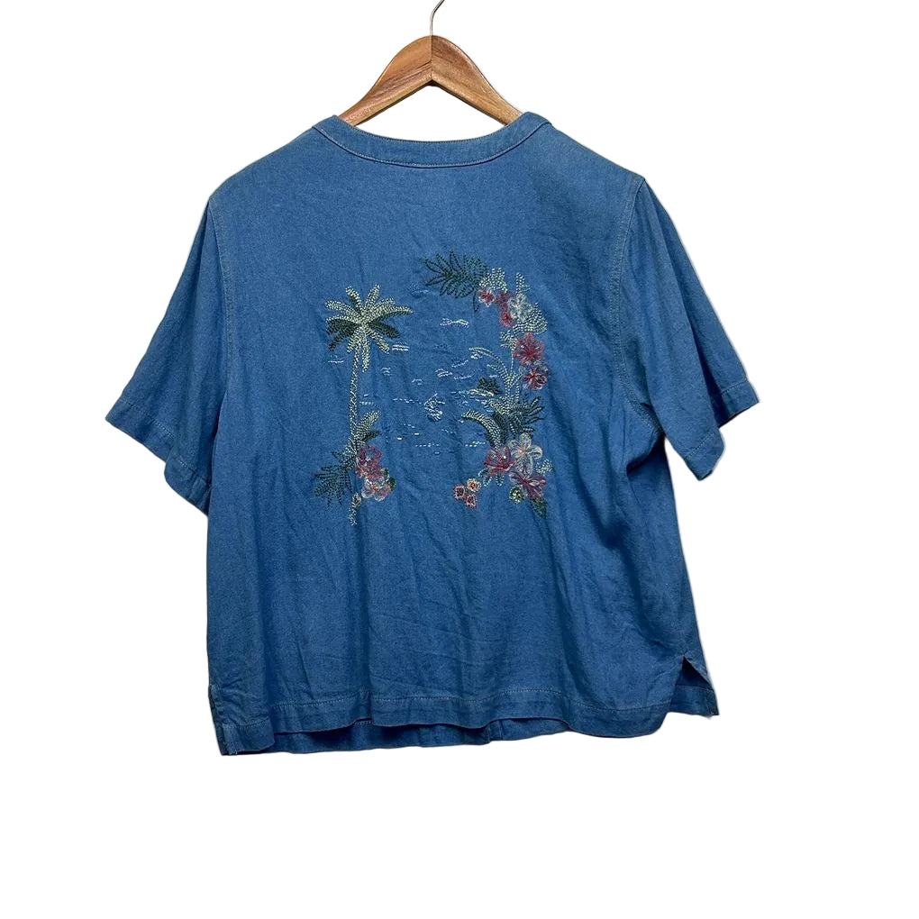 Vintage Blue Embroidered Made in Hong Kong Cotton Shirt - Size L