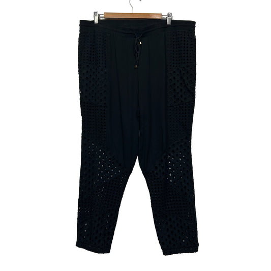 Rockmans Broderie Pants Size 18 Black Embroidered Drawstring Waist Cuffed Ankle