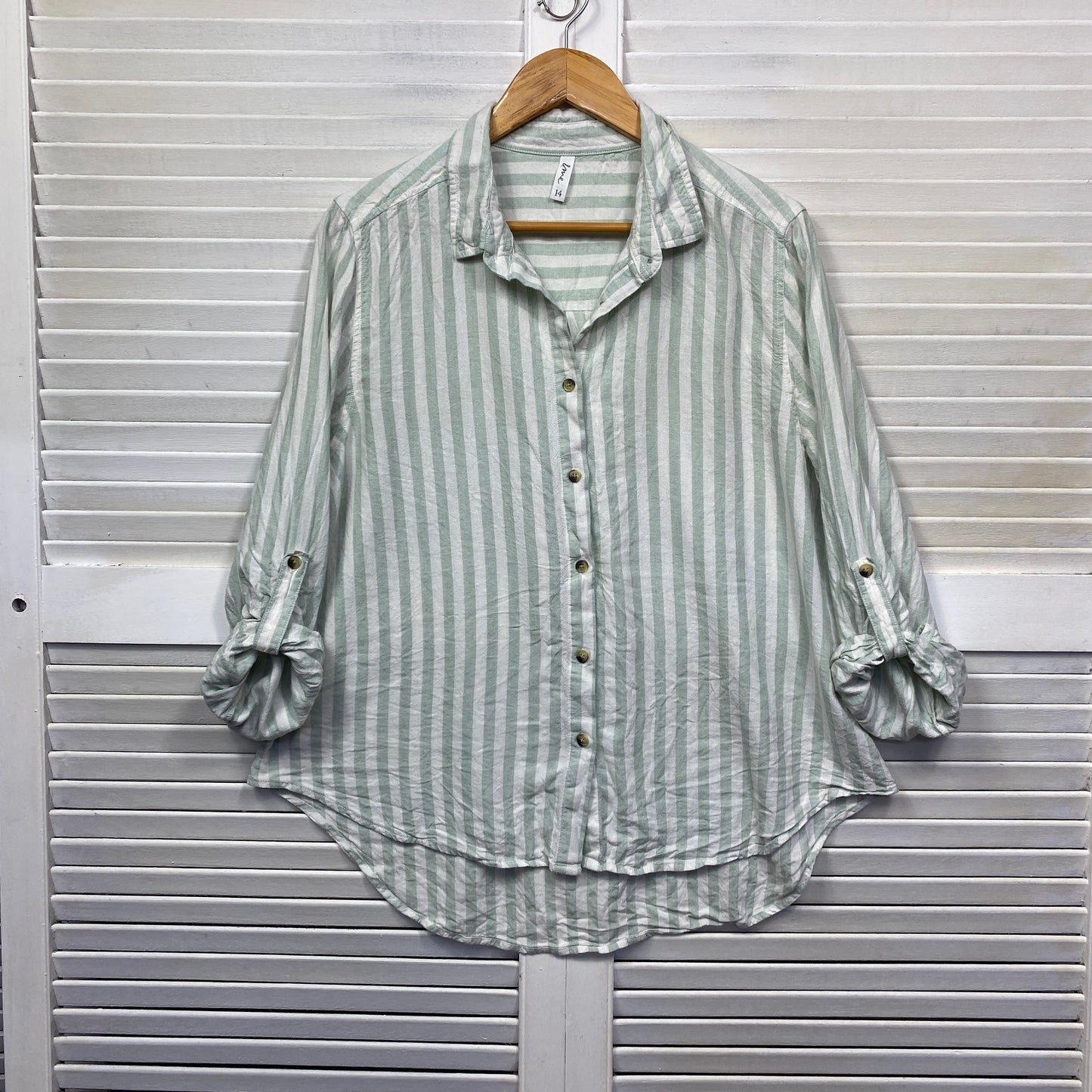 & Me Shirt Top Size 14 Green White Striped Button Up Linen Blend  Roll Tab Sleeve