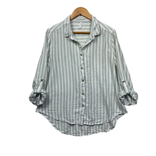 & Me Shirt Top Size 14 Green White Striped Button Up Linen Blend  Roll Tab Sleeve