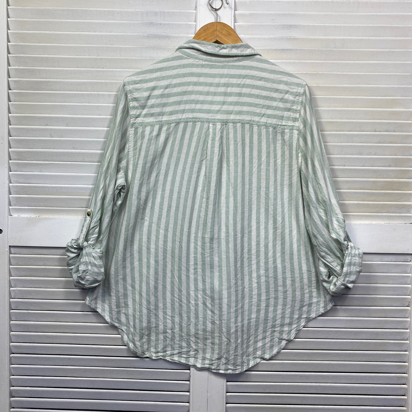 & Me Shirt Top Size 14 Green White Striped Button Up Linen Blend  Roll Tab Sleeve