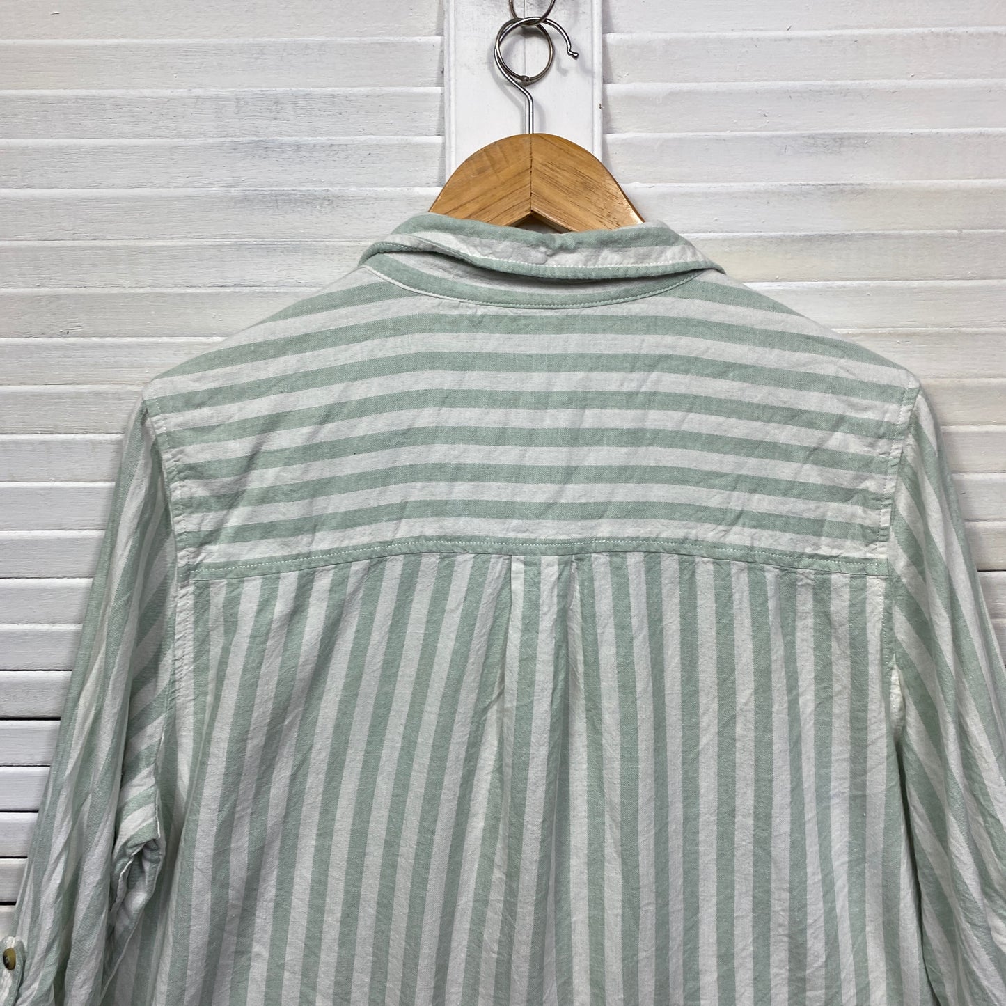 & Me Shirt Top Size 14 Green White Striped Button Up Linen Blend  Roll Tab Sleeve