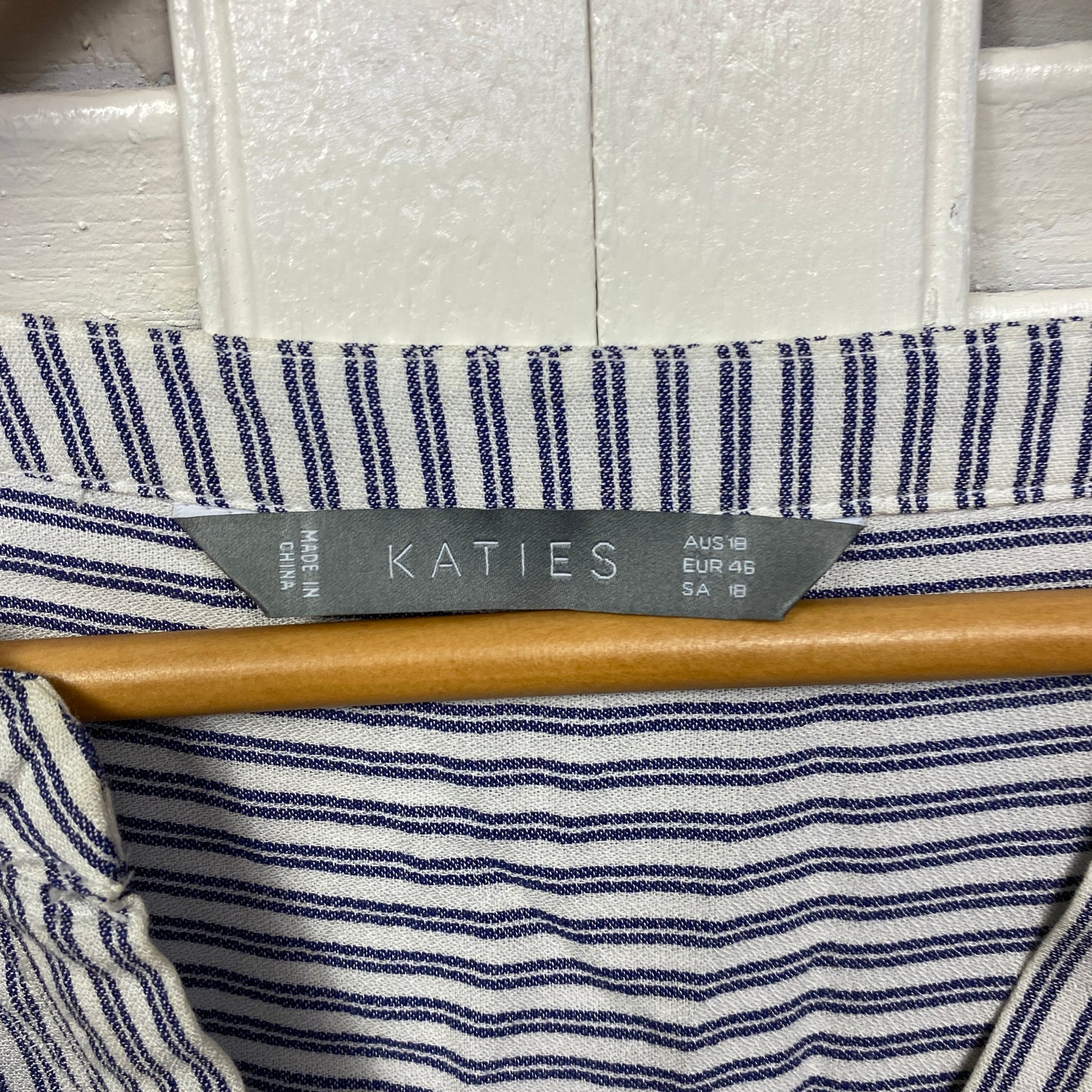 Katies Top Size 18 Blue White Striped Embroidered Viscose