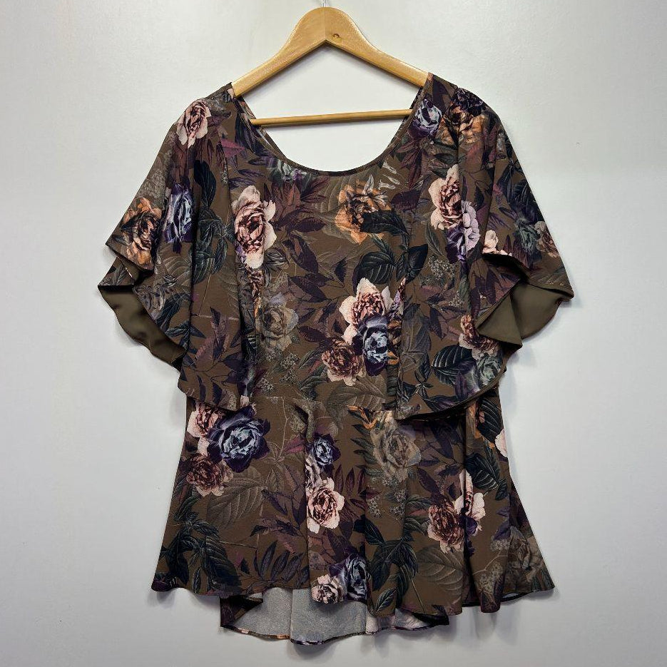 City Chic Chocolate Floral Top - Size 22/XL