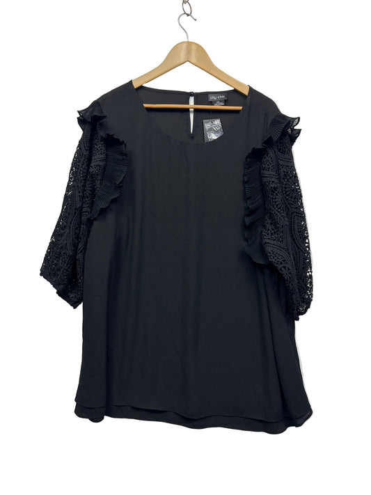 City Chic Top Size 2XL 22 Black Ruffle Lace Trim Sleeve New