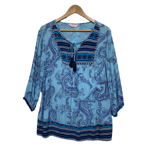 Millers Top Size 16 18 Plus Blue Paisley Print Long Sleeve Tasselled Beaded