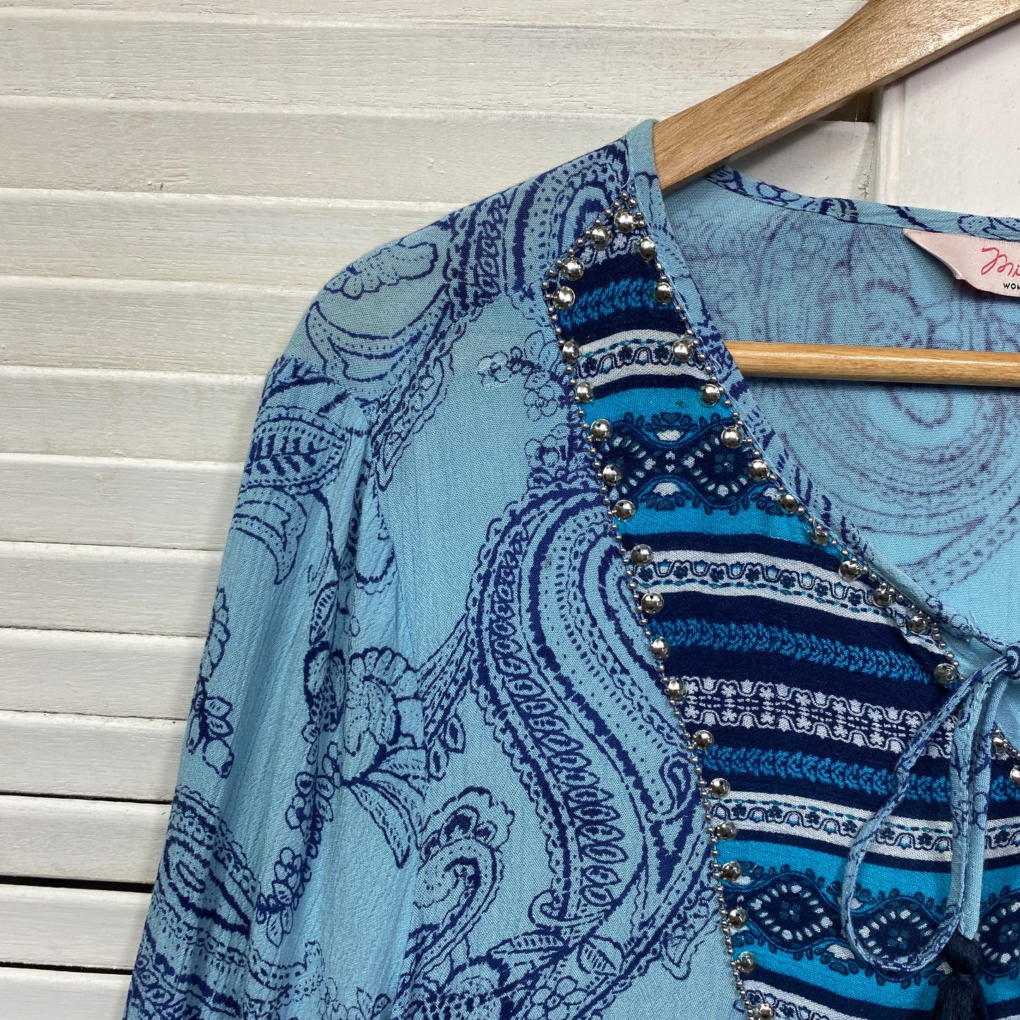 Millers Top Size 16 18 Plus Blue Paisley Print Long Sleeve Tasselled Beaded