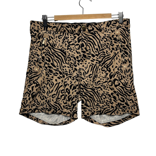 Rockmans Shorts Size 14 Beige Black Zebra Print Elastic Waist Zip Fly