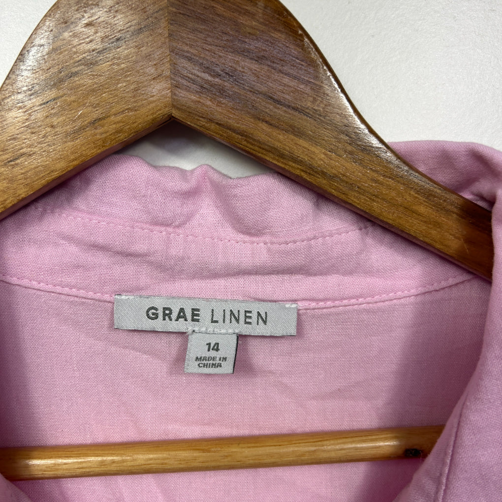 Suzanne Grae Linen Pink Short Sleeve Button-Up Shirt - Size 14