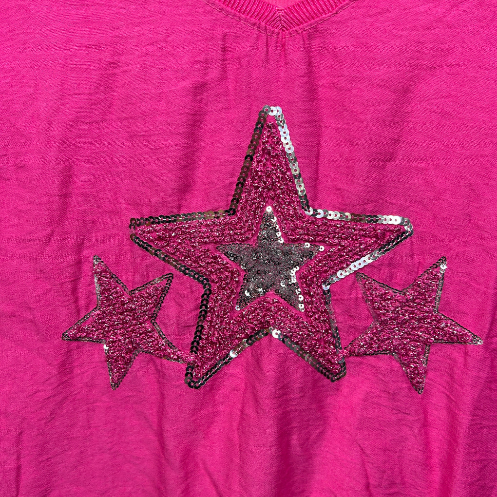 Pink Sequin Star V-Neck Short Sleeve Top - Size 14/16