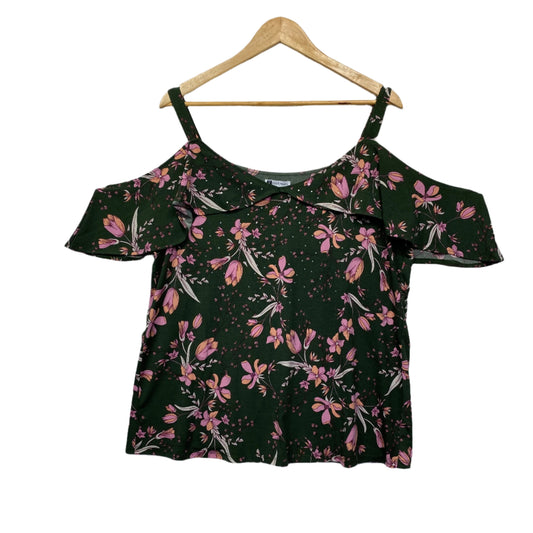 Rockmans Top Size 14 Large Green Pink Floral Cold Shoulder Sleeve