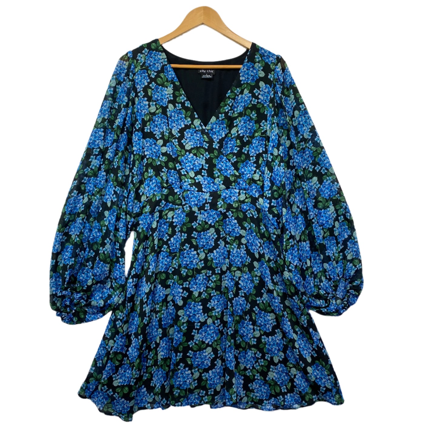 City Chic Dress Size 16 Small Blue Floral Long Billow Sleeve