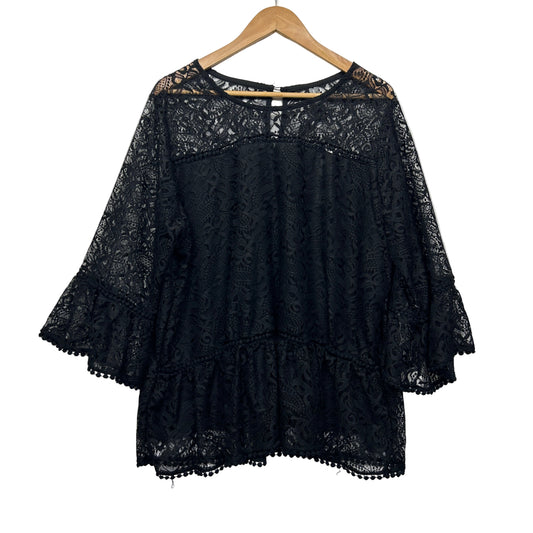 New Edited Blouse Top Size 22 Black Floral Lace Ruffle 3/4 Sleeve