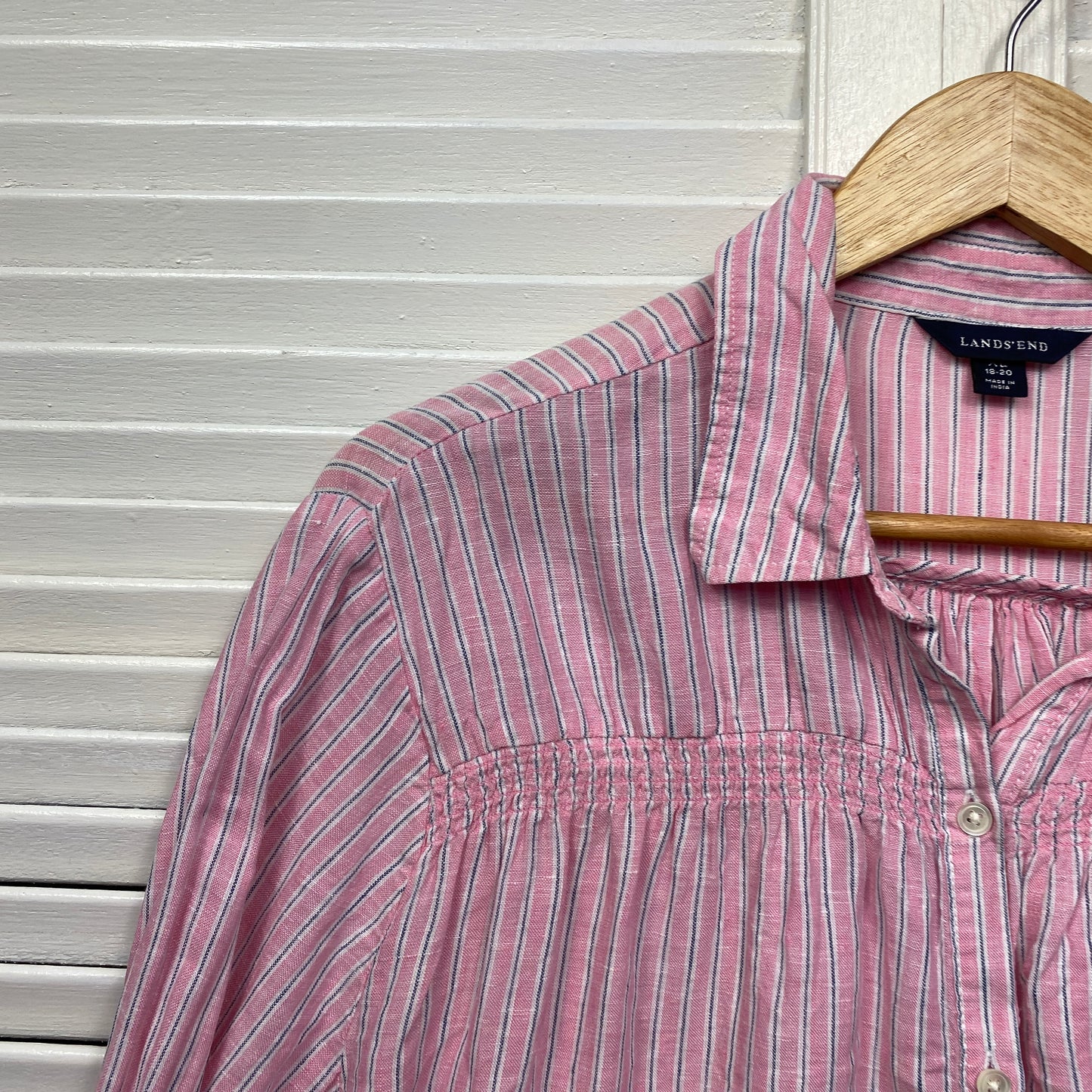 Lands End Top Size 18-20 Long Sleeve Pink Striped Button Up